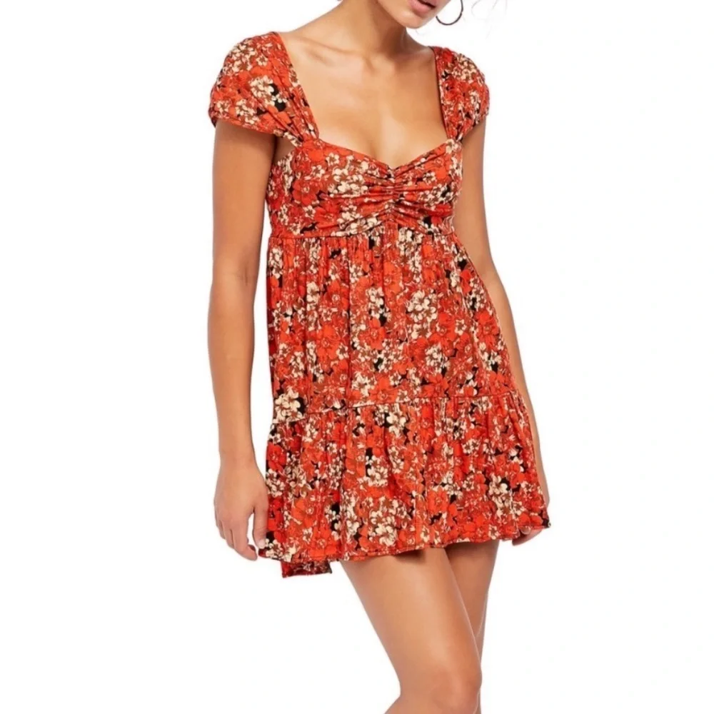 NEW Free People Orange Floral Pattern Play Linen Mini Dress L